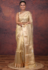 Cross Golden Pure Tissue Katan Silk Saree with Blouse Piece - Adi Akshoy & Co.
