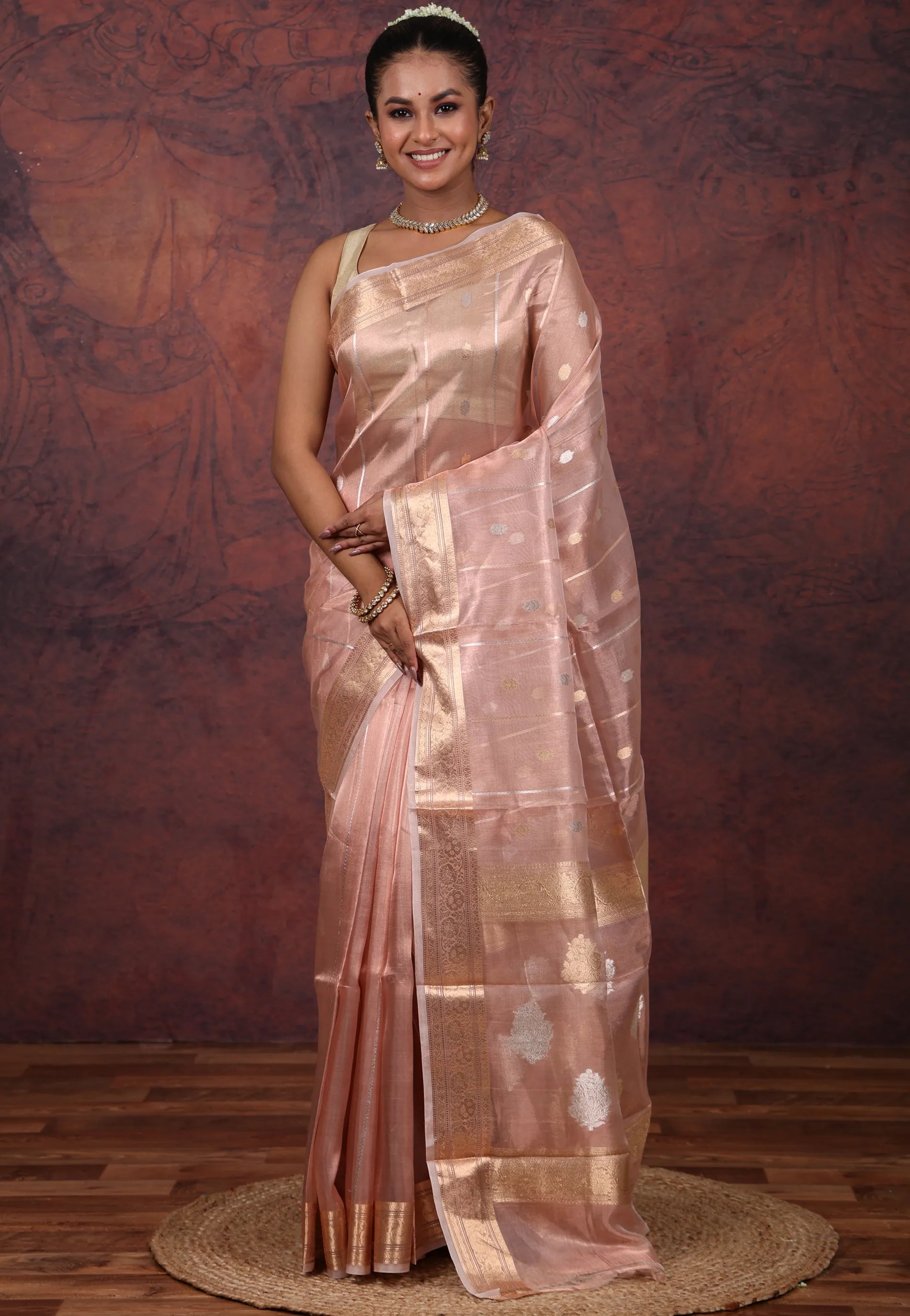 Cross Peach Pure Tissue Katan Silk Saree with Blouse Piece - Adi Akshoy & Co.