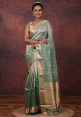 Cross Sea Green Pure Tissue Katan Silk Saree with Blouse Piece - Adi Akshoy & Co.