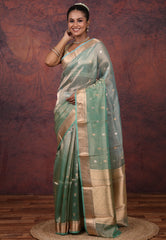 Cross Sea Green Pure Tissue Katan Silk Saree with Blouse Piece - Adi Akshoy & Co.