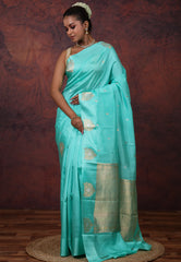 Turquoise Blue Pure Katan Silk Saree with Blouse Piece - Adi Akshoy & Co.