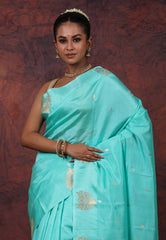 Turquoise Blue Pure Katan Silk Saree with Blouse Piece - Adi Akshoy & Co.