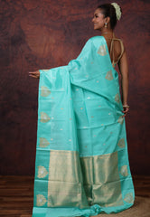 Turquoise Blue Pure Katan Silk Saree with Blouse Piece - Adi Akshoy & Co.