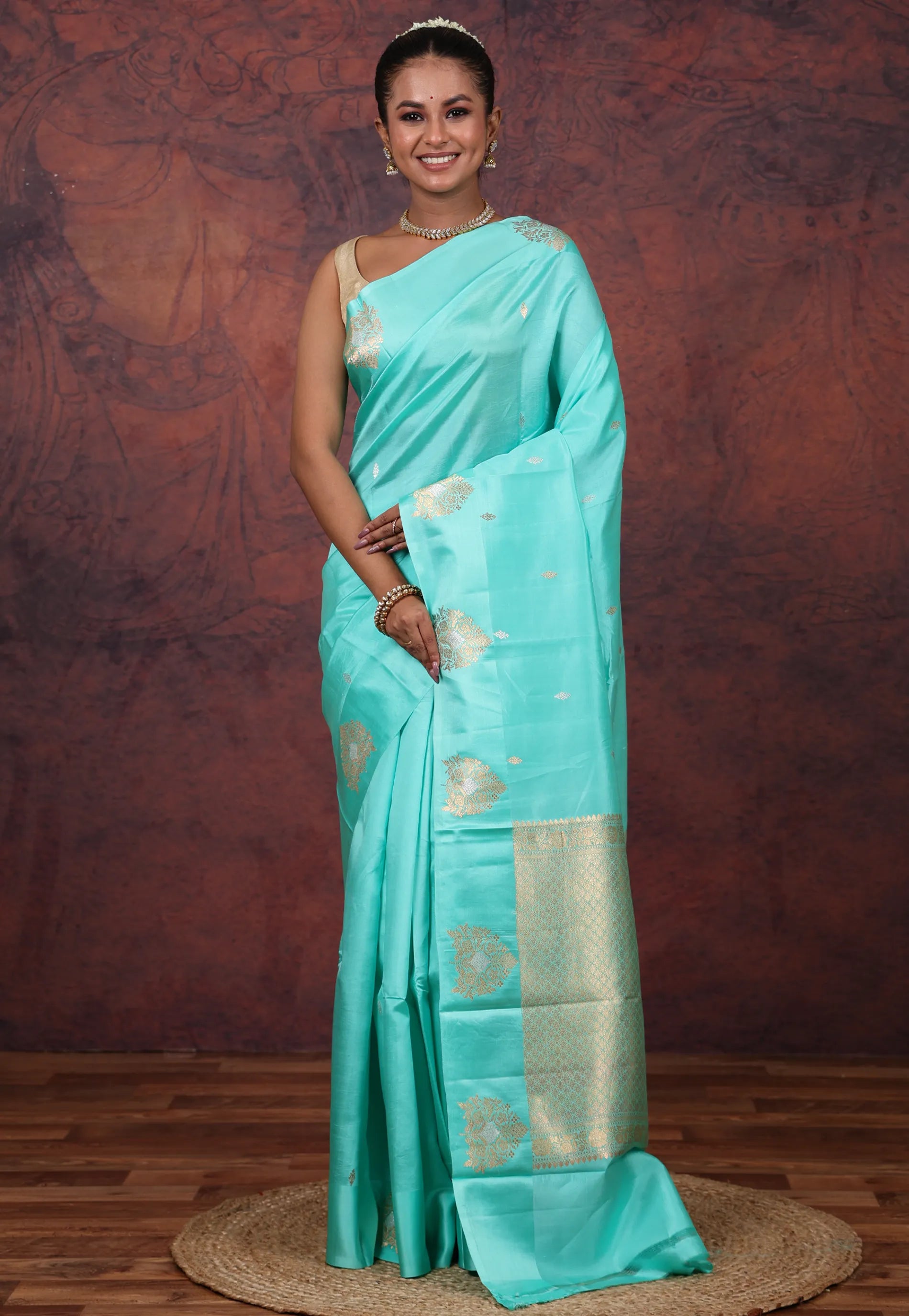 Turquoise Blue Pure Katan Silk Saree with Blouse Piece - Adi Akshoy & Co.