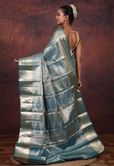 Steel Blue Brocade Tissue Kanjivaram Silk Saree With Blouse Piece - Adi Akshoy & Co.