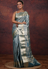 Steel Blue Brocade Tissue Kanjivaram Silk Saree With Blouse Piece - Adi Akshoy & Co.