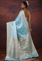 Sky Blue Pastel Banarasi Saree With Blouse Piece - Adi Akshoy & Co.