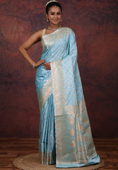 Sky Blue Pastel Banarasi Saree With Blouse Piece - Adi Akshoy & Co.