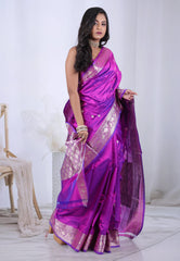 Cross Magenta Pure Katan Silk Saree with Blouse Piece - Adi Akshoy & Co.
