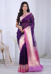 Deep Purple Pure Kora Silk Saree with Blouse Piece - Adi Akshoy & Co.