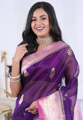 Deep Purple Pure Kora Silk Saree with Blouse Piece - Adi Akshoy & Co.