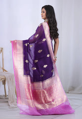 Deep Purple Pure Kora Silk Saree with Blouse Piece - Adi Akshoy & Co.