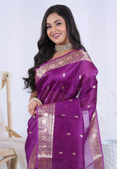 Purple Pure Kora Silk Saree with Blouse Piece - Adi Akshoy & Co.