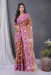 Brown Dhakai Jamdani Cotton Saree without Blouse Piece - Adi Akshoy & Co.