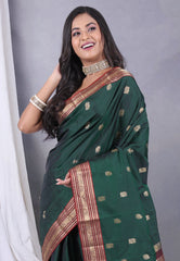 Bottle Green with Zari work Pure Kanjivaram Silk Saree with Blouse Piece - Adi Akshoy & Co.