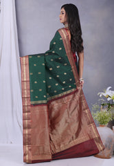 Bottle Green with Zari work Pure Kanjivaram Silk Saree with Blouse Piece - Adi Akshoy & Co.
