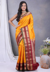 Mustard Yellow Pure Kanjivaram Silk Saree with Blouse Piece - Adi Akshoy & Co.