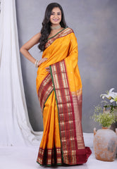 Mustard Yellow Pure Kanjivaram Silk Saree with Blouse Piece - Adi Akshoy & Co.