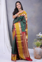 Cross Bottle Green Pure Kanjivaram Silk Saree with Blouse Piece - Adi Akshoy & Co.