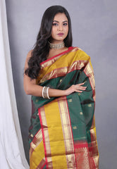 Cross Bottle Green Pure Kanjivaram Silk Saree with Blouse Piece - Adi Akshoy & Co.