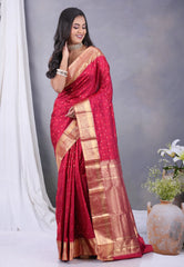 Hot Pink Pure Kanjivaram Silk Saree with Blouse Piece - Adi Akshoy & Co.