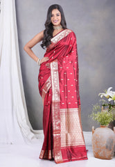 Cross Maroon Pure Katan Silk Saree with Blouse Piece - Adi Akshoy & Co.
