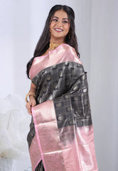 Black with Pink Border Kanjivaram Silk Saree with Blouse Piece – Adi Akshoy & Co.