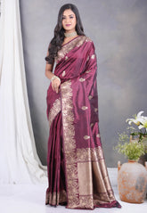 Cross Wine Colour Pure Katan Silk Saree with Blouse Piece- Adi Akshoy & Co.