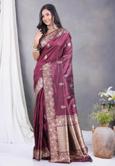 Cross Wine Colour Pure Katan Silk Saree with Blouse Piece- Adi Akshoy & Co.