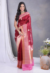 Maroon Pure Kora Silk Saree with Blouse Piece - Adi Akshoy & Co.