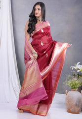 Maroon Pure Kora Silk Saree with Blouse Piece - Adi Akshoy & Co.