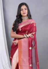 Maroon Pure Kora Silk Saree with Blouse Piece - Adi Akshoy & Co.