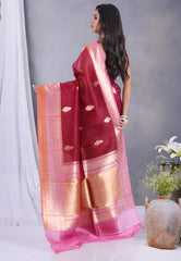 Maroon Pure Kora Silk Saree with Blouse Piece - Adi Akshoy & Co.