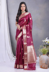 Wine Colour Pure Kora Silk Saree with Blouse Piece - Adi Akshoy & Co.
