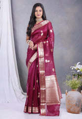 Wine Colour Pure Kora Silk Saree with Blouse Piece - Adi Akshoy & Co.