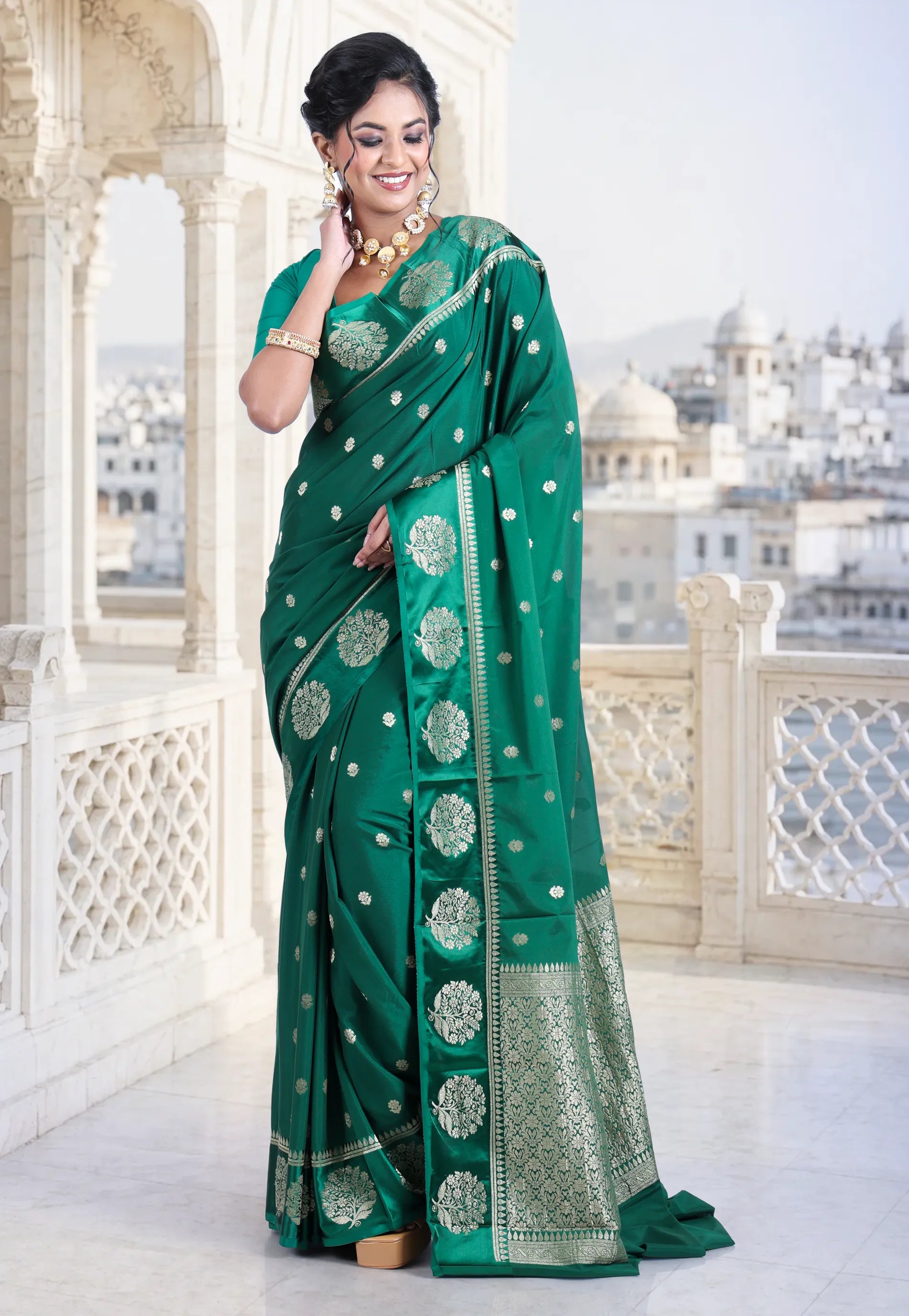Bottle Green with Zari work Khaddi Georgette Saree with Blouse Piece - Adi Akshoy & Co.
