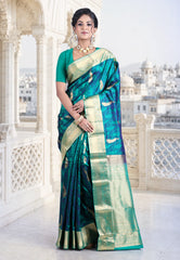 Cross Peacock Blue Pure Kanjivaram Silk Saree with Blouse Piece - Adi Akshoy & Co.
