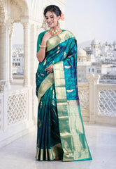 Cross Peacock Blue Pure Kanjivaram Silk Saree with Blouse Piece - Adi Akshoy & Co.
