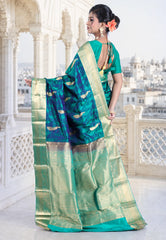 Cross Peacock Blue Pure Kanjivaram Silk Saree with Blouse Piece - Adi Akshoy & Co.