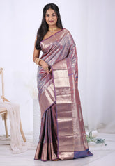 Purple Cross Colour with Zari work Kanjivaram Silk Saree with Blouse Piece – Adi Akshoy & Co.