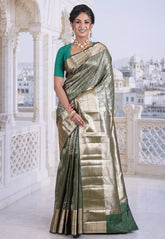 Rama Green with Zari work Kanjivaram Silk Saree with Blouse Piece - Adi Akshoy & Co.