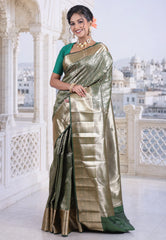 Rama Green with Zari work Kanjivaram Silk Saree with Blouse Piece - Adi Akshoy & Co.
