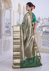 Rama Green with Zari work Kanjivaram Silk Saree with Blouse Piece - Adi Akshoy & Co.
