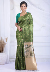 Olive Green Tussar Silk Saree with Blouse Piece - Adi Akshoy & Co.