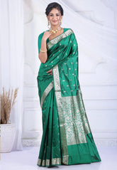 Bottle Green Pure Katan Silk Saree with Blouse Piece - Adi Akshoy & Co.