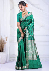 Bottle Green Pure Katan Silk Saree with Blouse Piece - Adi Akshoy & Co.