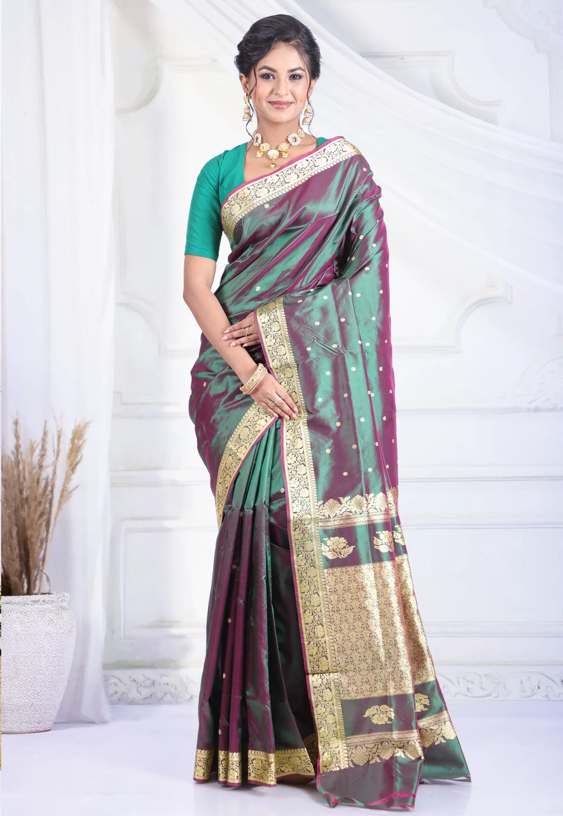 Cross Bottle Green Colour Pure Katan Silk Saree with Blouse Piece - Adi Akshoy & Co.