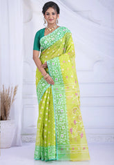 Lemon Green Dhakai Jamdani Cotton Saree without Blouse Piece - Adi Akshoy & Co.
