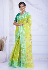 Lemon Green Dhakai Jamdani Cotton Saree without Blouse Piece - Adi Akshoy & Co.