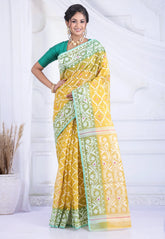 Mustard Yellow Dhakai Jamdani Cotton Saree without Blouse Piece - Adi Akshoy & Co.